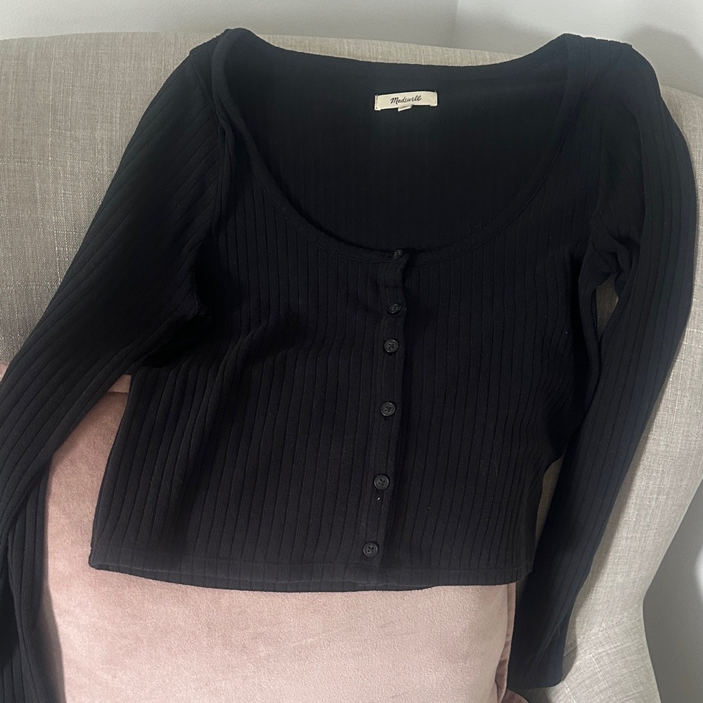 Madewell Black Ribbed Button-Front Long-Sleeve Cardigan with Scoop Neck